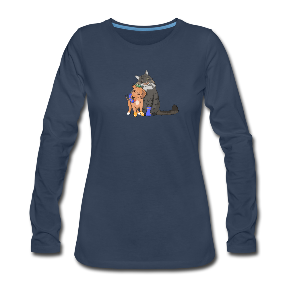 Women's Premium Long Sleeve T-Shirt - Cat And Dog Hug - navy