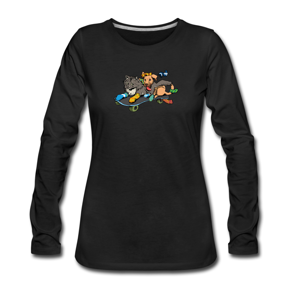 Women's Premium Long Sleeve T-Shirt - Skateboarding Cat And Dog - black